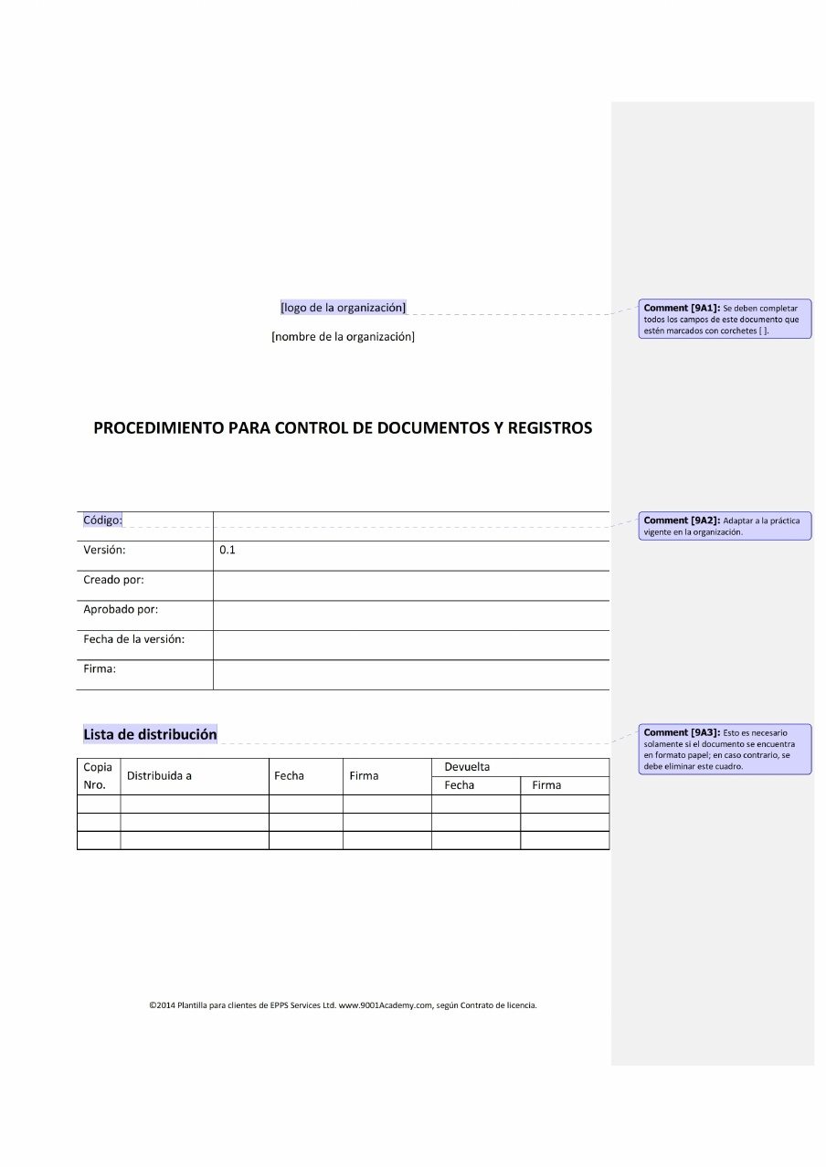 Procedimiento para control de documentos y registros - 9001Academy