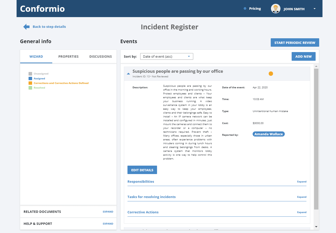 View of an Incident Register in Conformio
