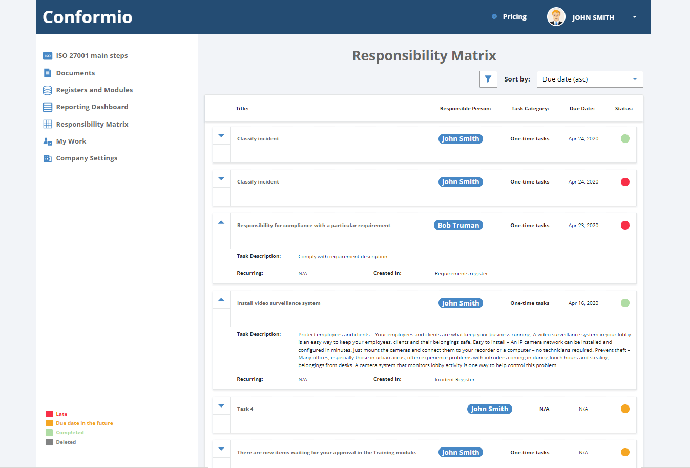 View of Responsibility matrix with tasks of all users in Conformio