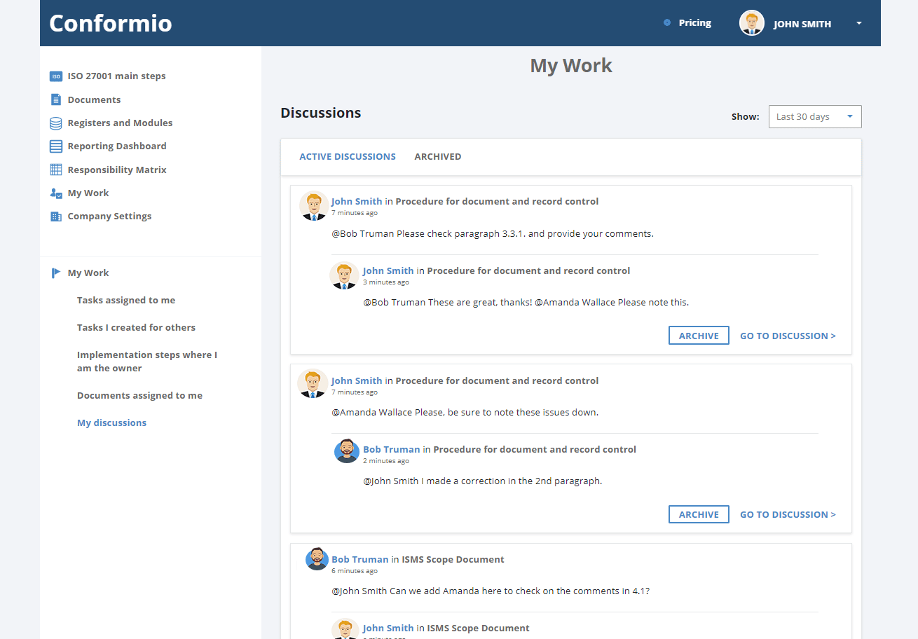 Example of the My Discussions interface on Conformio