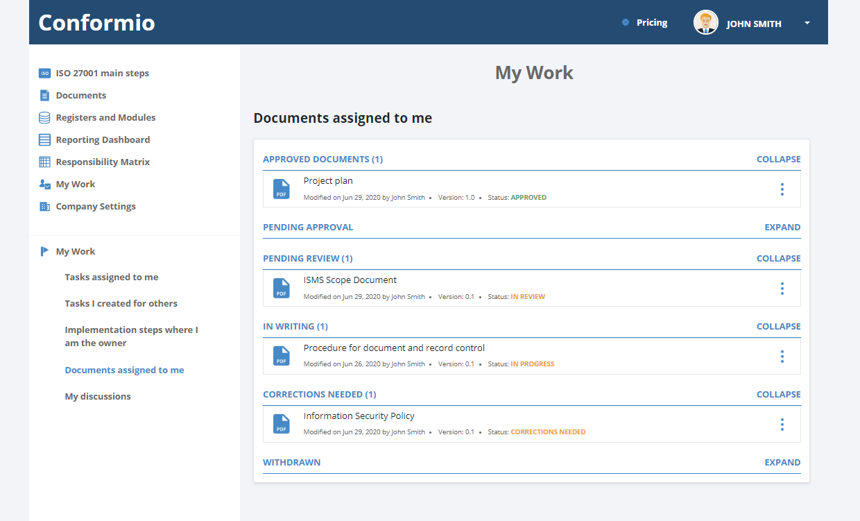 Quick access to documents on Conformio in My Work section