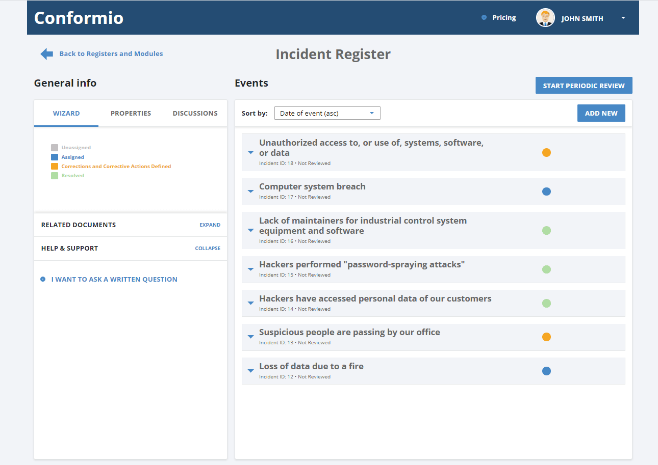 View of the Incident register on Conformio