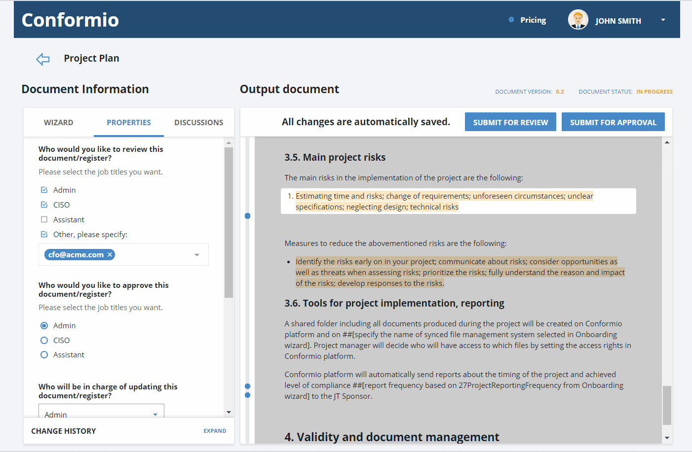 Managing documents in Conformio’s Document Wizard