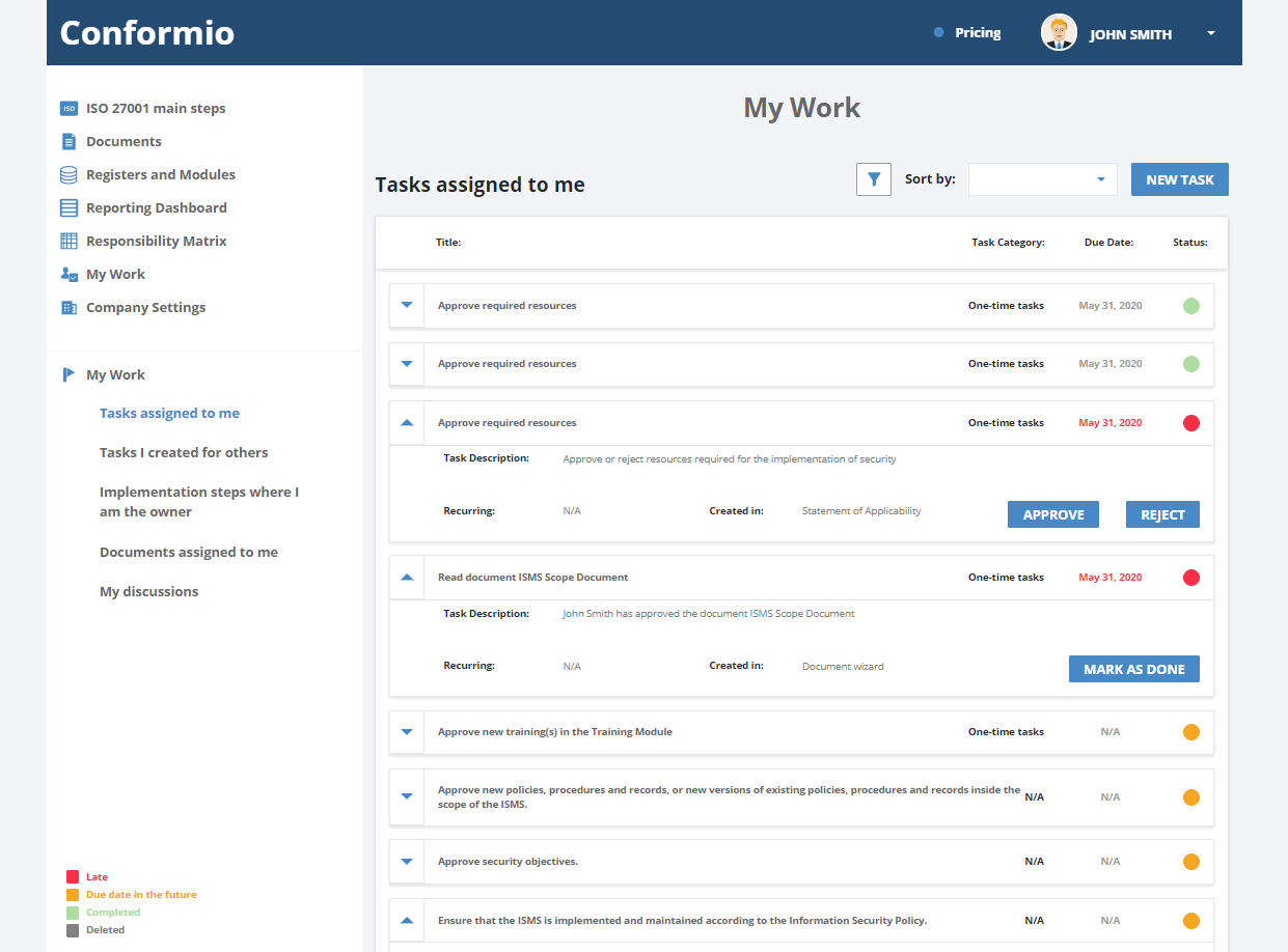 View of the project with Tasks on Conformio