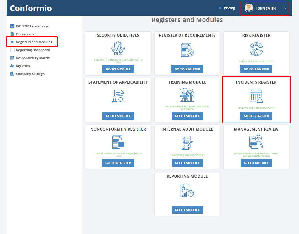 Employees can easily access all registers and modules in Conformio and provide relevant information
