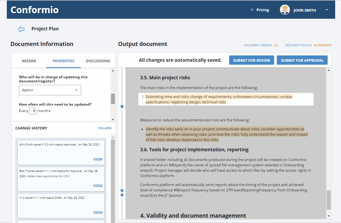 Change history in Document Wizard