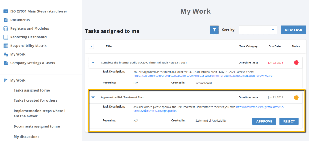 Task reminder feature allows you to keep required documents and records under control.