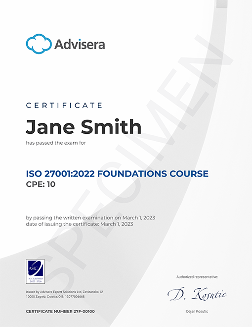 ISO 27001:2022 Foundations Course Certificate