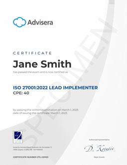 ISO 27001:2022 Lead Implementer Course Certificate