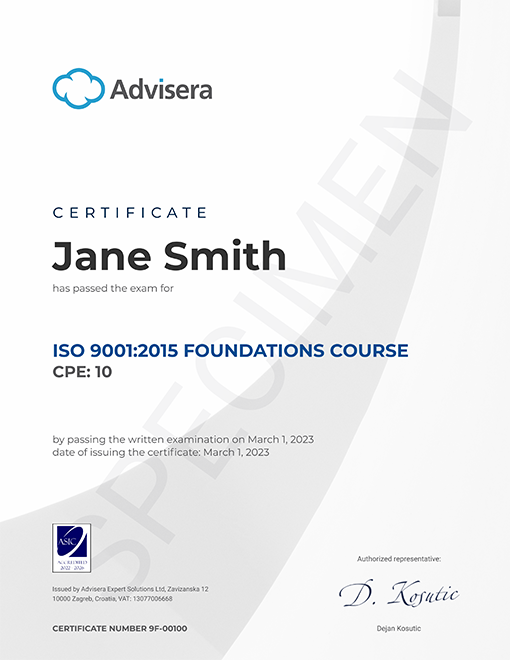 Corso sui Fondamenti della ISO 9001 - Advisera