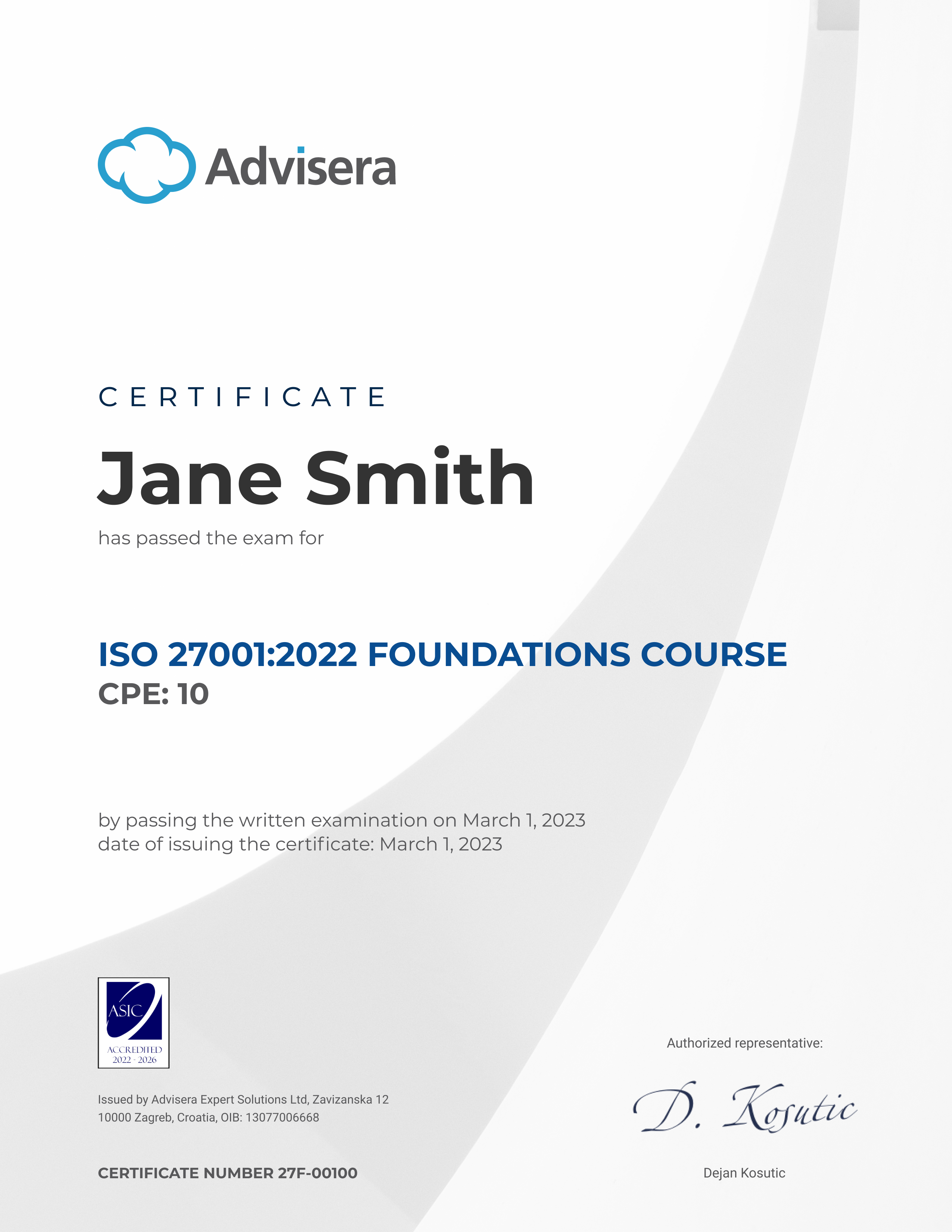 ISO 27001 Foundations Course Certificate - Advisera