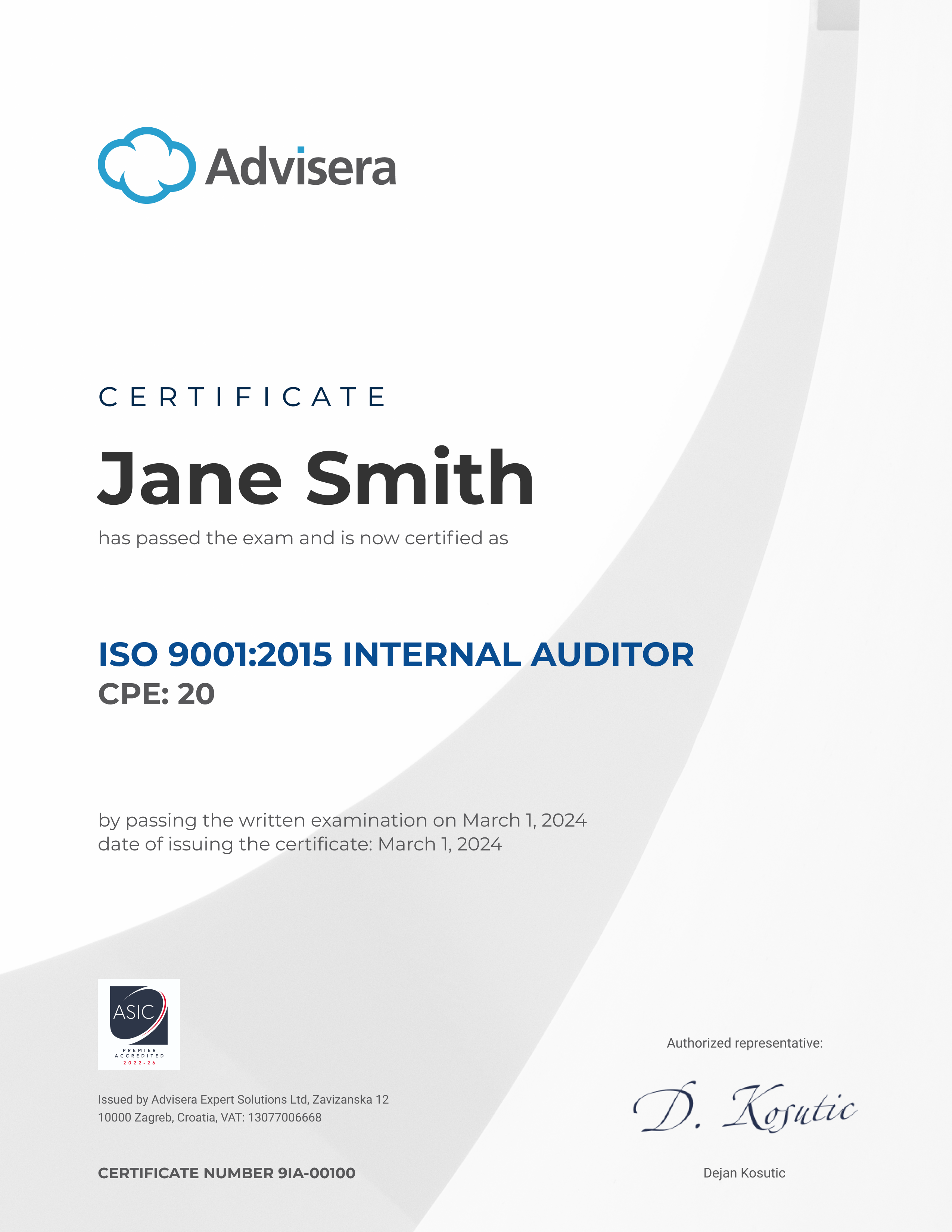 ISO 9001 Internal Auditor Course Certificate - Advisera