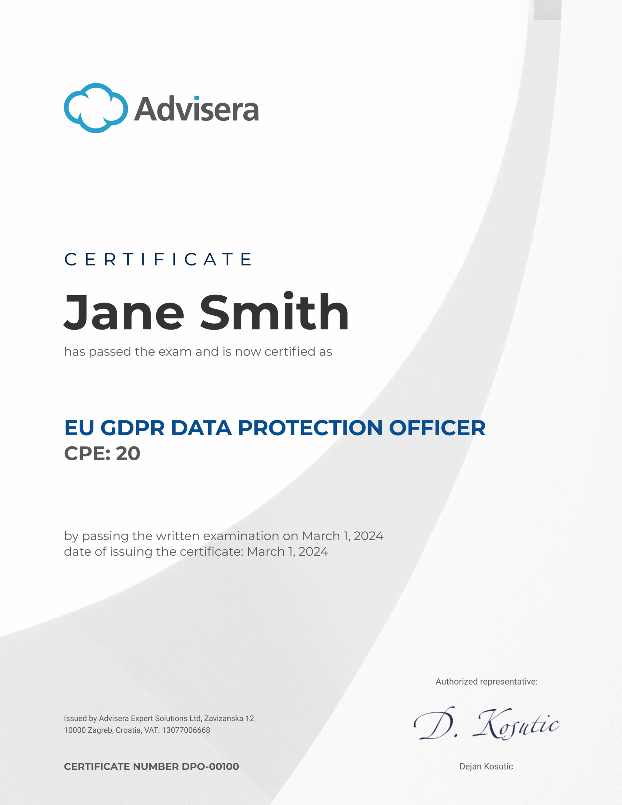 EU GDPR Data Protection Officer Course Certificate - Advisera