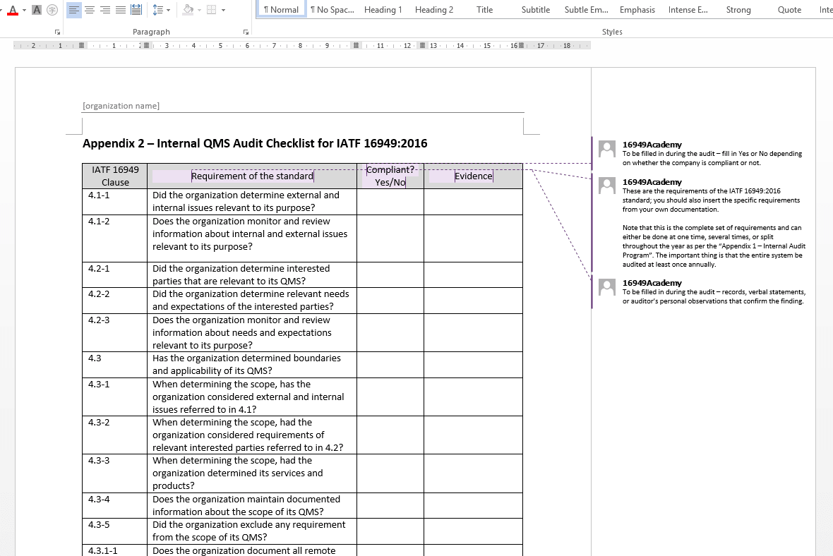 IATF 16949 Internal Audit Template