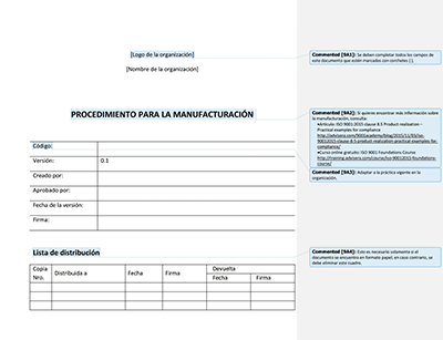 Procedimiento para la manufacturación - 9001Academy